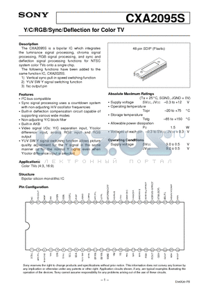 CXA2095 datasheet - Y/C/RGB/Sync/Deflection for Color TV