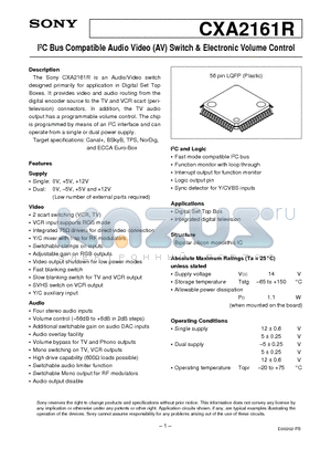 CXA2161R datasheet - I2C Bus Compatible Audio Video (AV) Switch & Electronic Volume Control