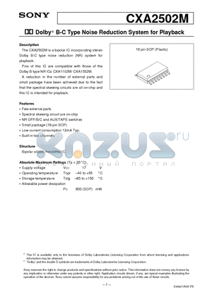 CXA2502M datasheet - Dolby B-C Type Noise Reduction System for Playback