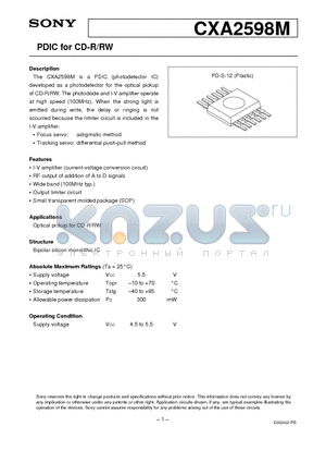 CXA2598M datasheet - PDIC for CD-R/RW