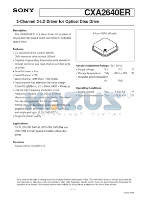 CXA2640ER datasheet - 3-Channel 2-LD Driver for Optical Disc Drive