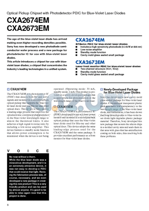 CXA2674EM datasheet - Optical Pickup Chipset with Photodetector PDIC for Blue-Violet Laser Diodes