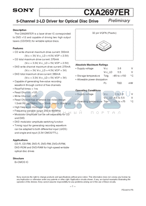 CXA2697ER datasheet - 5-Channel 2-LD Driver for Optical Disc Drive