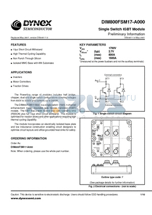 DIM800FSM17-A000 datasheet - Single Switch IGBT Module Preliminary Information