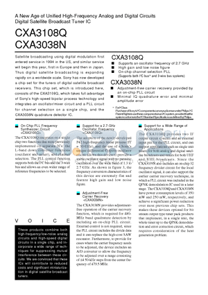 CXA3038N datasheet - A New Age of Unified High-Frequency Analog and Digital Circuits Digital Satellite Broadcast Tuner IC