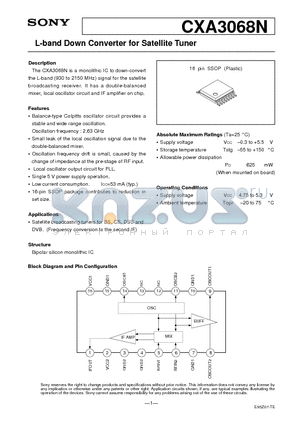 CXA3068 datasheet - L-band Down Converter for Satellite Tuner