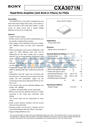 CXA3071N datasheet - Read/Write Amplifier (with Built-in Filters) for FDDs