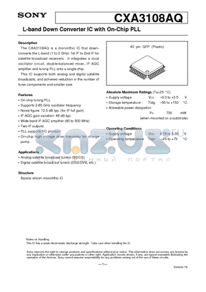 CXA3108AQ datasheet - L-band Down Converter IC with On-Chip PLL