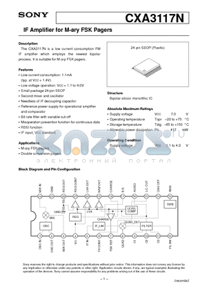 CXA3117 datasheet - IF Amplifier for M-ary FSK Pagers