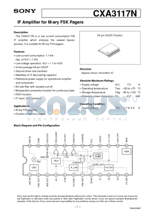 CXA3117N datasheet - IF Amplifier for M-ary FSK Pagers