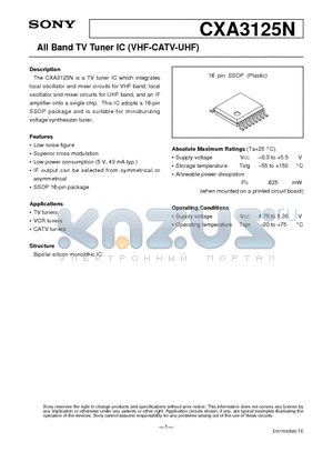 CXA3125N datasheet - All Band TV Tuner IC (VHF-CATV-UHF)