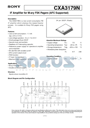 CXA3179N datasheet - IF Amplifier for M-ary FSK Pagers (AFC Supported)