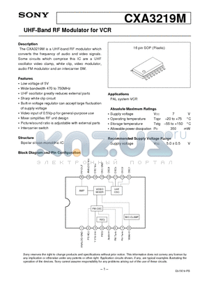 CXA3219M datasheet - UHF-Band RF Modulator for VCR