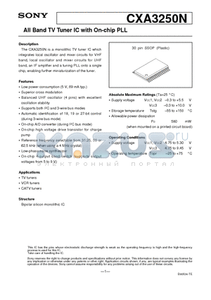 CXA3250N datasheet - All Band TV Tuner IC with On-chip PLL