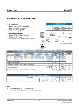 AM1925PE datasheet - P-Channel 20-V (D-S) MOSFET