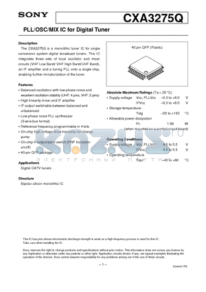 CXA3275Q datasheet - PLL/OSC/MIX IC for Digital Tuner