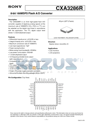 CXA3286 datasheet - 8-bit 160MSPS Flash A/D Converter