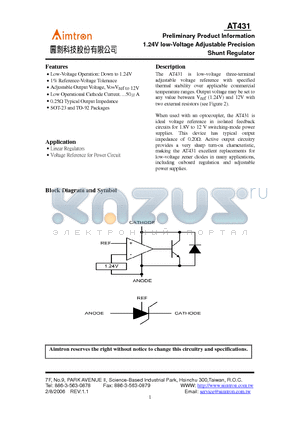 AT431Z datasheet - 1.24V low-Voltage Adjustable Precision Shunt Regulator