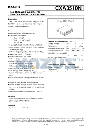 CXA3510N datasheet - 4ch. Read/Write Amplifier for Thin Film Head of Hard Disk Drive
