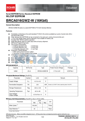 BRCA016GWZ-WE2 datasheet - Serial EEPROM Series Standard EEPROM WLCSP EEPROM