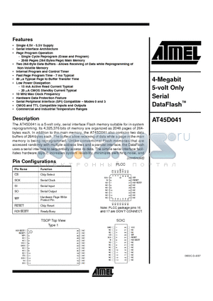 AT45D041-RC datasheet - 4-Megabit 5-volt Only Serial DataFlash