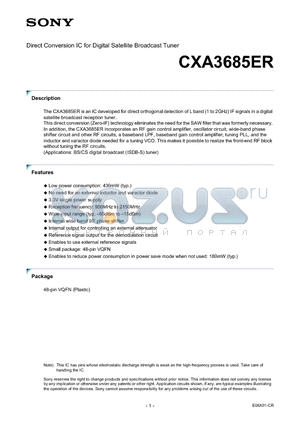 CXA3685ER datasheet - Direct Conversion IC for Digital Satellite Broadcast Tuner