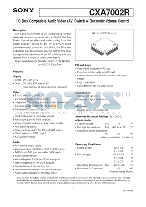 CXA7002R datasheet - I2C Bus Compatible Audio Video (AV) Switch & Electronic Volume Control