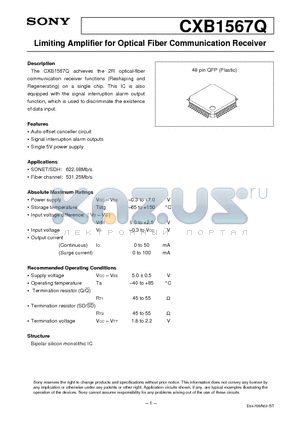 CXB1567Q datasheet - Limiting Amplifier for Optical Fiber Communication Receiver