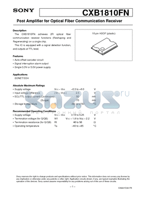 CXB1810FN datasheet - Post Amplifier for Optical Fiber Communication Receiver