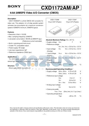 CXD1172 datasheet - 6-bit 20MSPS Video A/D Converter (CMOS)