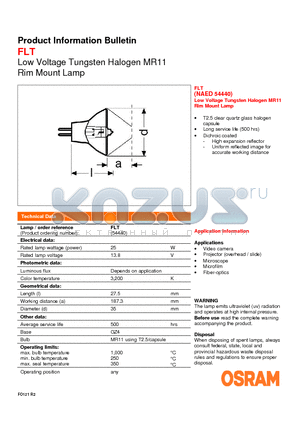54440 datasheet - Product Information Bulletin FLT Low Voltage Tungsten Halogen MR11 Rim Mount Lamp