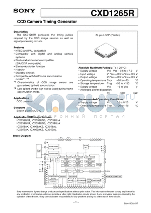 CXD1265R datasheet - CCD Camera Timing Generator