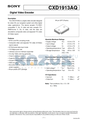 CXD1913AQ datasheet - Digital Video Encoder