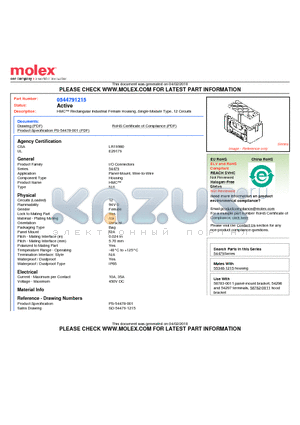 54479-1215 datasheet - HMC Rectangular Industrial Female Housing, Single-Module Type, 12 Circuits