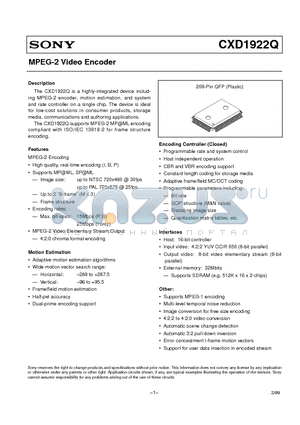CXD1922Q datasheet - MPEG-2 Video Encoder