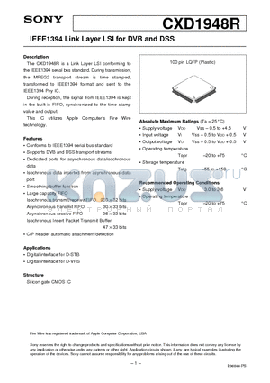 CXD1948R datasheet - IEEE1394 Link Layer LSI for DVB and DSS