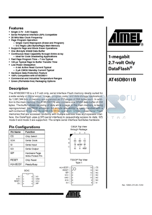 AT45DB011B-XU datasheet - 1-MEGABIT 2.7 VOLT ONLY DATA FLASH