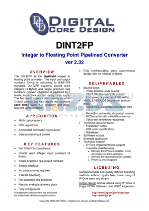 DINT2FP datasheet - Integer to Floating Point Pipelined Converter