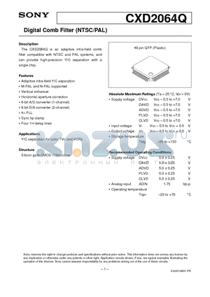 CXD2064Q datasheet - Digital Comb Filter (NTSC/PAL)