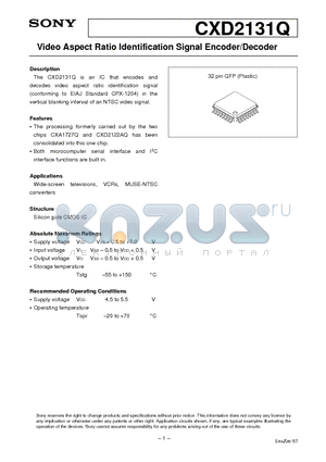 CXD2131Q datasheet - Video Aspect Ratio Identification Signal Encoder/Decoder