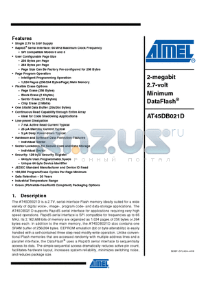 AT45DB021D-MH-T datasheet - 2-megabit 2.7-volt Minimum DataFlash
