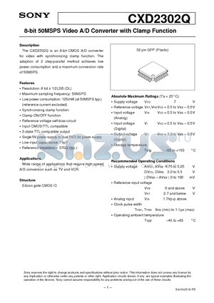 CXD2302 datasheet - 8-bit 50MSPS Video A/D Converter with Clamp Function