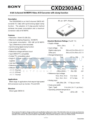 CXD2303AQ datasheet - 8-bit 3-channel 50 MSPS Video A/D Converter with clamp function