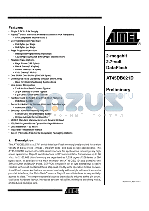 AT45DB021D-MU datasheet - 2-megabit 2.7-volt DataFlash