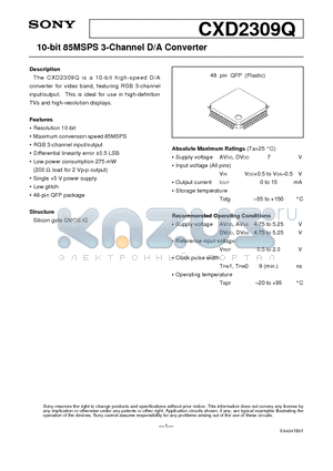 CXD2309Q datasheet - 10-bit 50MSPS RGB 3-channel D/A Converter