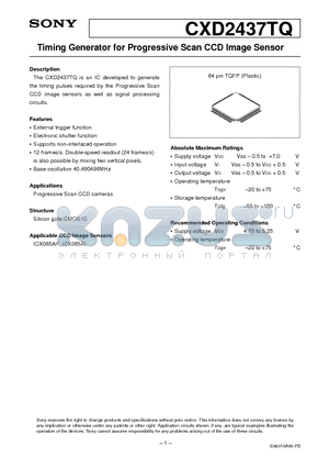 CXD2437TQ datasheet - Timing Generator for Progressive Scan CCD Image Sensor