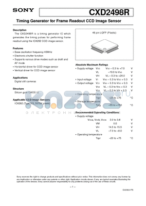 CXD2498R datasheet - Timing Generator for Frame Readout CCD Image Sensor