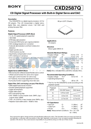 CXD2587Q datasheet - CD Digital Signal Processor with Built-in Digital Servo and DAC