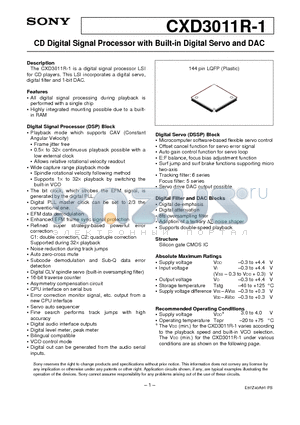 CXD3011R-1 datasheet - CD Digital Signal Processor with Built-in Digital Servo and DAC