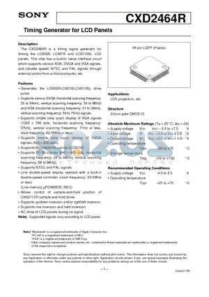 CXD2464R datasheet - Timing Generator for LCD Panels